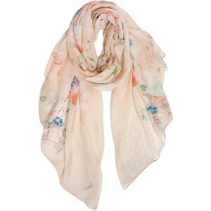 Women Beigepink Fashion Flowers Print Scarves Winter Head Shawl Cotton Wrap